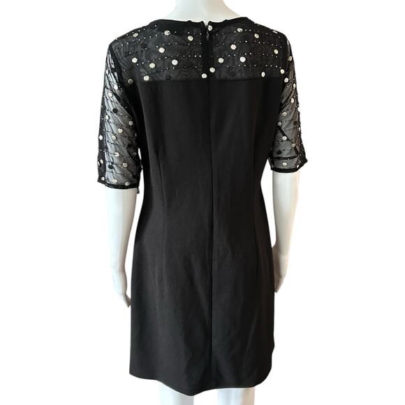 Nina Leonard Sz S Dress Black Crepe Midi Beaded Sheer Short Sleeve Round Neck - Picture 5 of 14